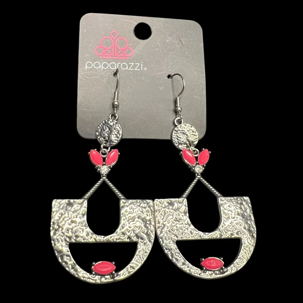 Paparazzi Statement Dangle Earrings Silver Tone Pink‎ Gemstones Geometric Boho